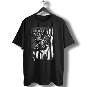 Raiders Shield With American Flag And Hand Holding Stars Grayscale T-Shirt