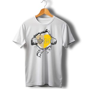 Saints And Michigan Heart Symbol With Fleur De Lis And Block M T Shirt