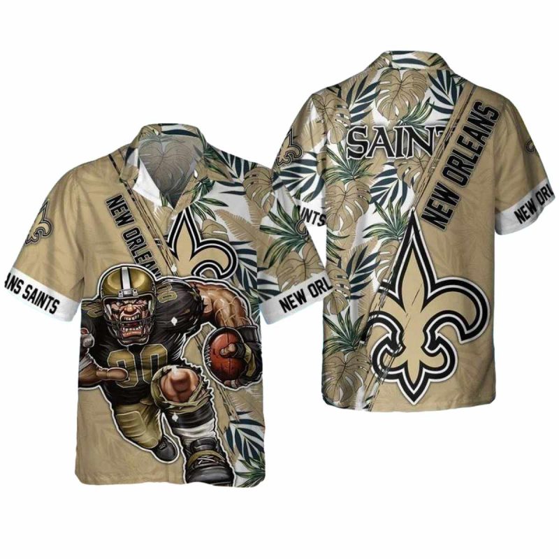 Saints Hawaiian Shirt Football Player And Tropical Leaves 1
