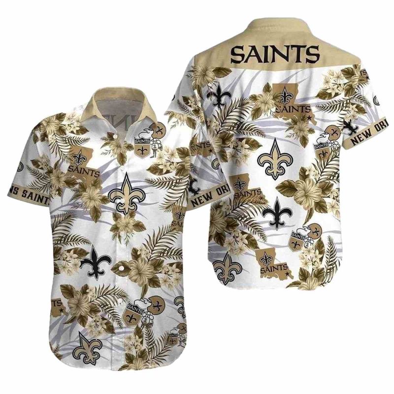 Saints Hawaiian Shirt With Tropical Foliage And Team Emblem 1