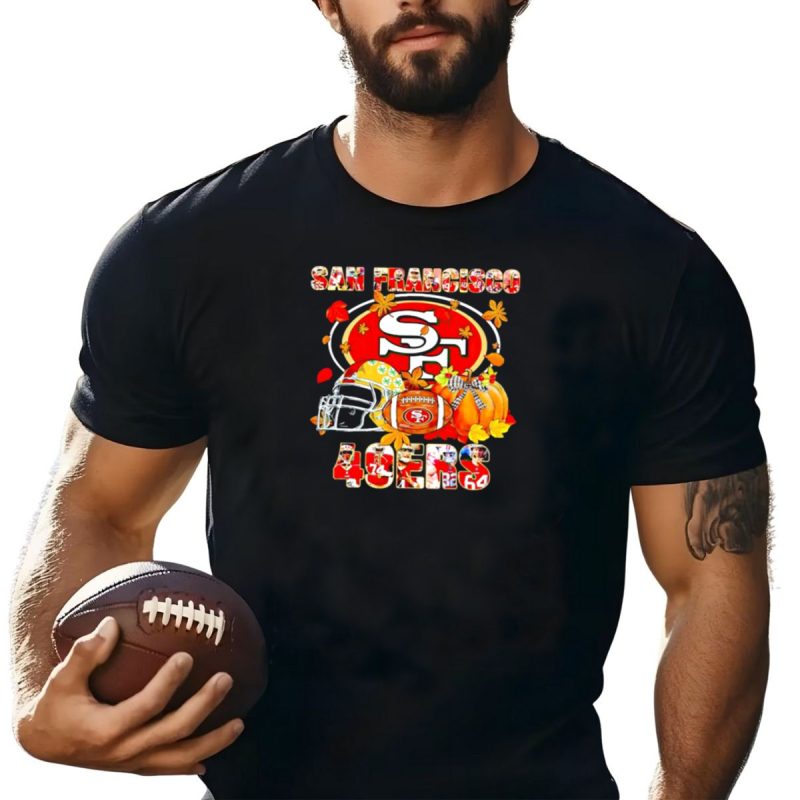 San Francisco 49Ers Autumn Football With Helmets And Pumpkins T Shirt T Shirt 1
