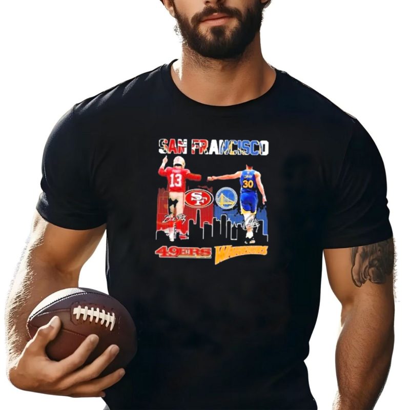 San Francisco 49Ers Golden State Warriors Signatures With San Francisco Skyline T Shirt T Shirt 1