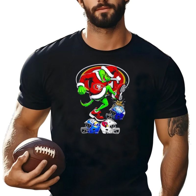 San Francisco 49Ers Grinch In Santa Suit Stomps Helmets Rams Cardinals Christmas T Shirt T Shirt 1