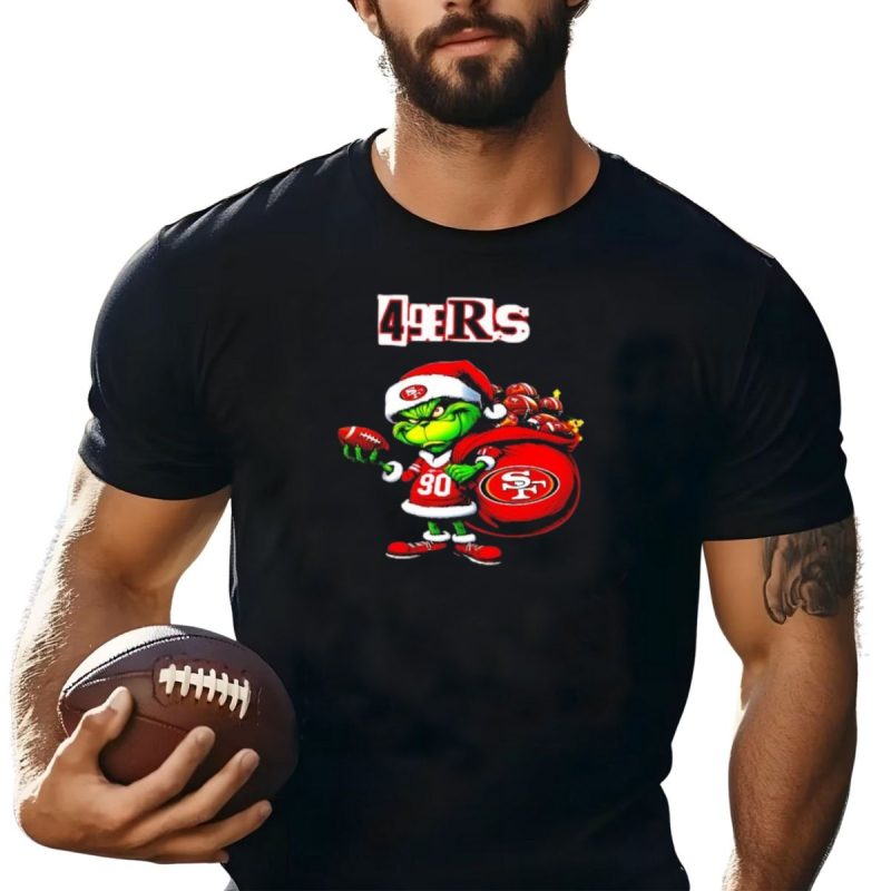 San Francisco 49Ers Grinch With Santa Hat And Football Sack Christmas T Shirt T Shirt 1