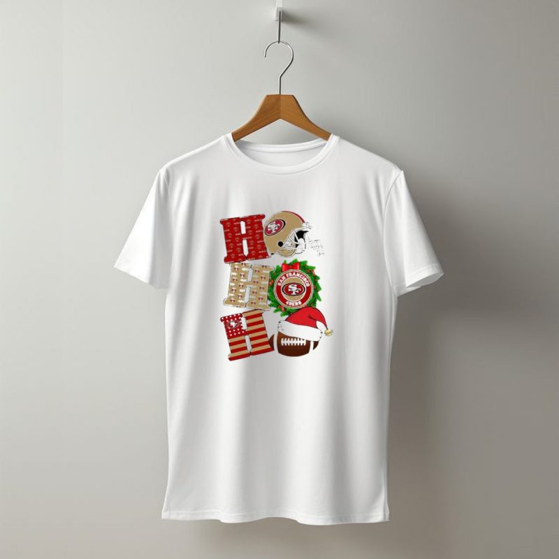 San Francisco 49Ers Ho Ho Ho Merry Christmas Football Helmet Wreath Santa Hat T Shirt T Shirt 1