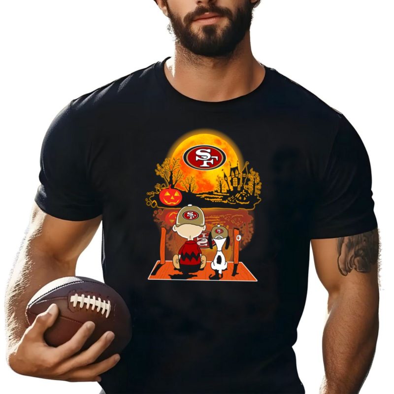 San Francisco 49Ers Snoopy Charlie Brown Pumpkin Halloween Moon Scene T Shirt T Shirt 1