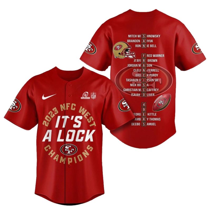 San Francisco 49Ers 2023 Its A Lock Nfc West Champions Red Baseball Jersey 1