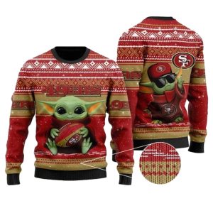San Francisco 49ers And Baby Yoda Hug Ball Christmas Ugly Sweater