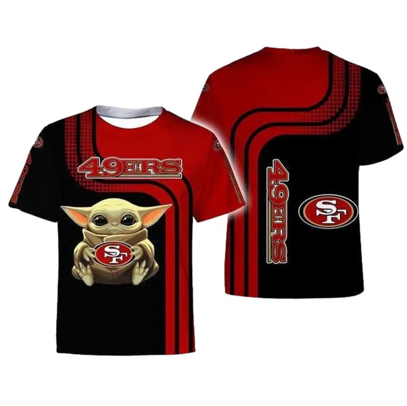San Francisco 49Ers Baby Yoda Hug Logo Red And Black Aop T Shirt 1