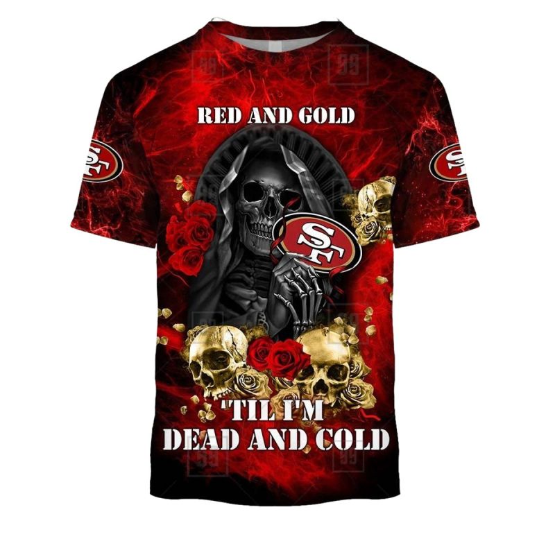 San Francisco 49Ers Fire Skull Red And Gold Faithful To The Bay Aop T Shirt 1