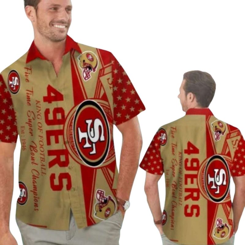 San Francisco 49Ers Gold And Red Logo Helmet Hawaiian Shirt 1