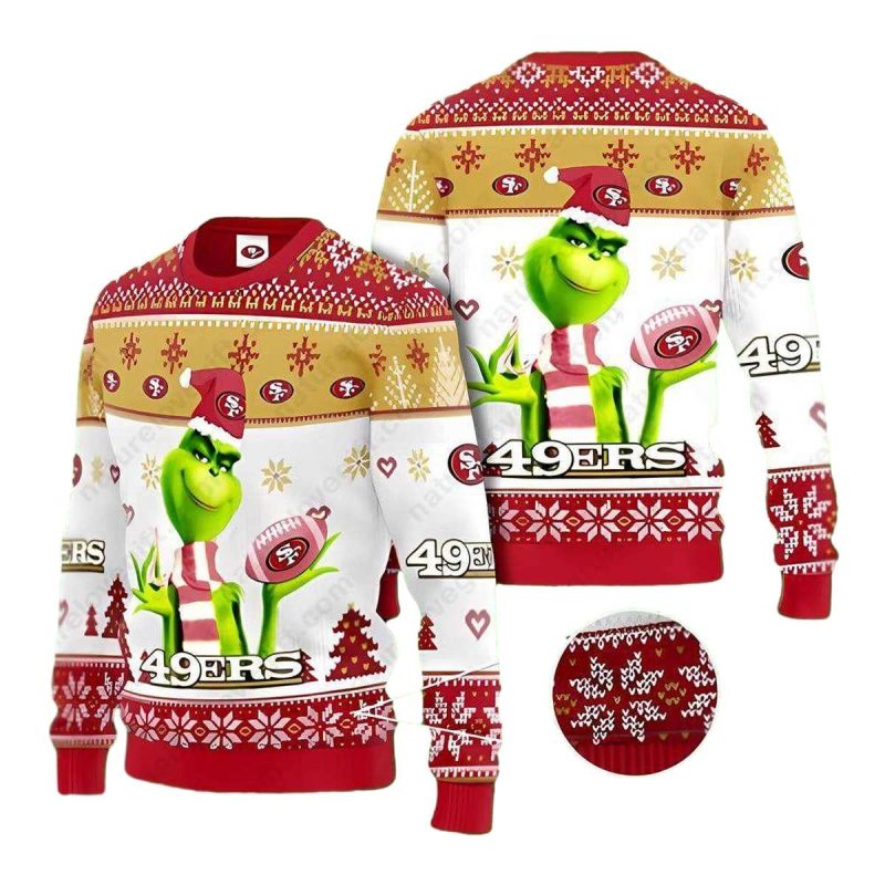 San Francisco 49Ers Grinch Santa Claus Hold Logo Ugly Sweater 1