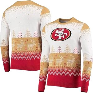 San Francisco 49ers Logo And Reindeer White Yellow And Red Pattern Ugly Sweater