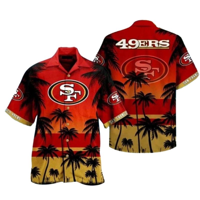 San Francisco 49Ers Logo Dynamic Red Sunset And Palms Coconut Tree Hawaiian Shirt 1
