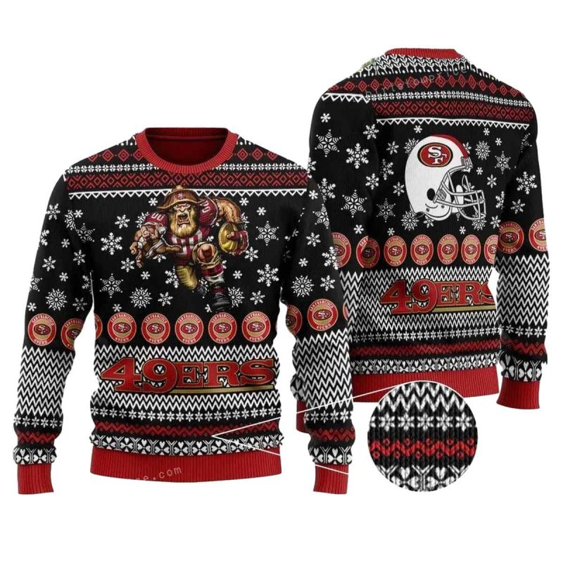 San Francisco 49Ers Mascot And Helmet Black Christmas Ugly Sweater 1