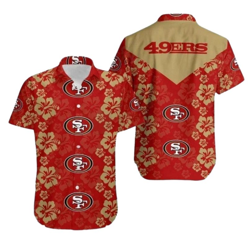 San Francisco 49Ers Multi Logo And Yellow Hibiscus Hawaiian Shirt 1