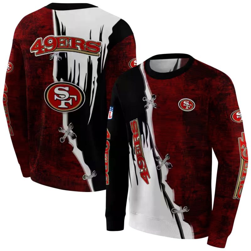 San Francisco 49Ers Ripped Pattern Red Black White Aop Sweatshirt 1
