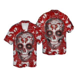 San Francisco 49ers Sugar Skull Red Swirl Design Hawaiian Shirt