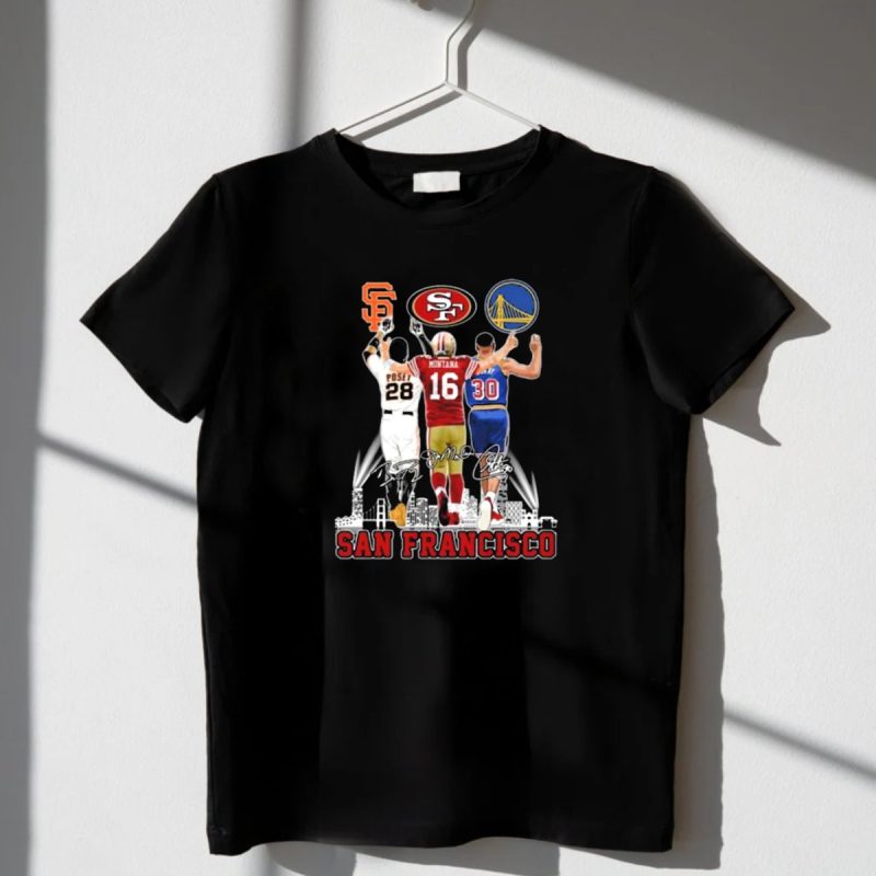 San Francisco Giants 49Ers Warriors Buster Posey Joe Montana Stephen Curry Signatures T Shirt T Shirt 1 2