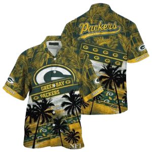 Sandy Shoreline Green Bay Packers Palms Sunset Hawaiian Shirt