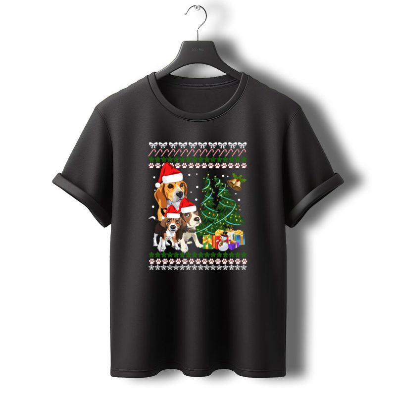Santa Hat Beagles Christmas Tree And Gifts T Shirt T Shirt 0 1