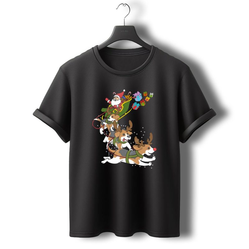 Santa Sleigh Pulled By Festive Beagles With Gifts T Shirt T Shirt 0 1