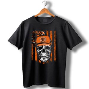 Skull Wearing Chicago Bears Cap With Orange Stripes And Logo Background T Shirt