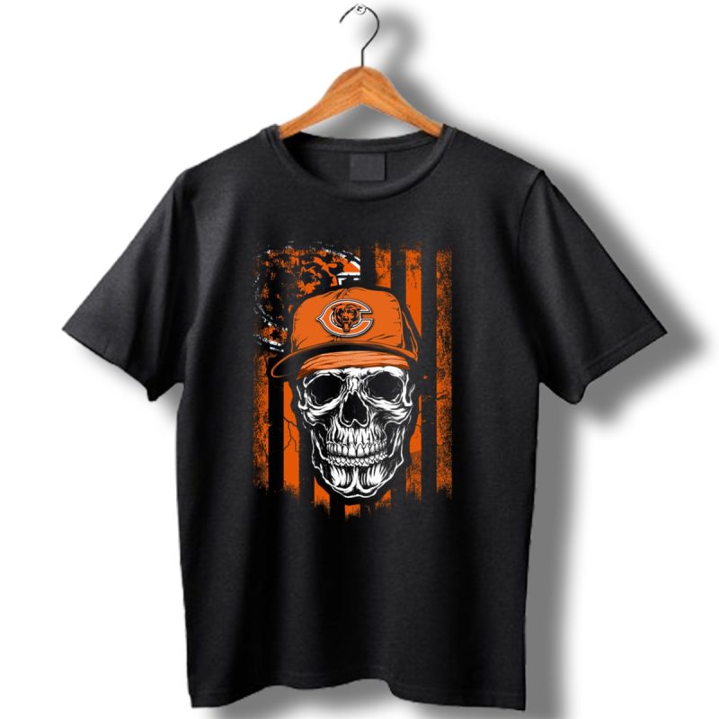 Skull Wearing Chicago Bears Cap With Orange Stripes And Logo Background T Shirt 1 T Shirt 1
