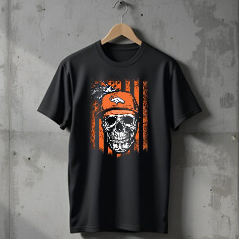 Skull Wearing Denver Broncos Cap On Grunge Orange Stripes T Shirt 1 T Shirt 1
