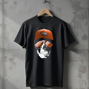 Skull Wearing Denver Broncos Hat and Sunglasses T-Shirt