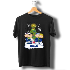 Snoopy And Peanuts Characters Celebrating With Buffalo Bills Christmas Tree T-Shirt