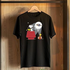 Snoopy And Woodstock With Baltimore Ravens Football And Logo Moon T-Shirt