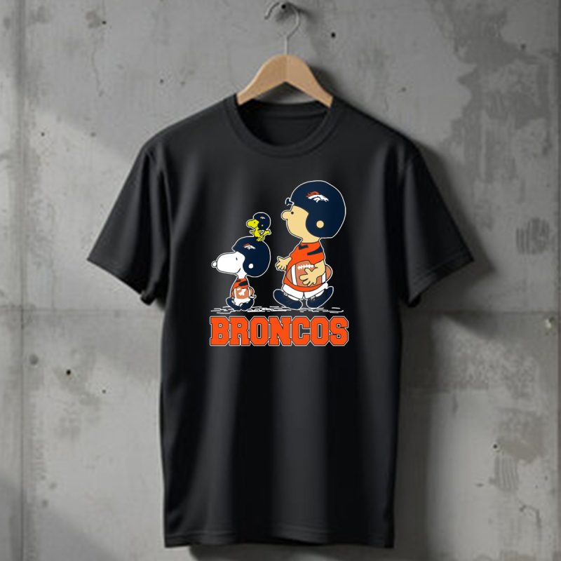 Snoopy Woodstock And Charlie Brown In Denver Broncos Helmets With Broncos T Shirt 1 T Shirt 1