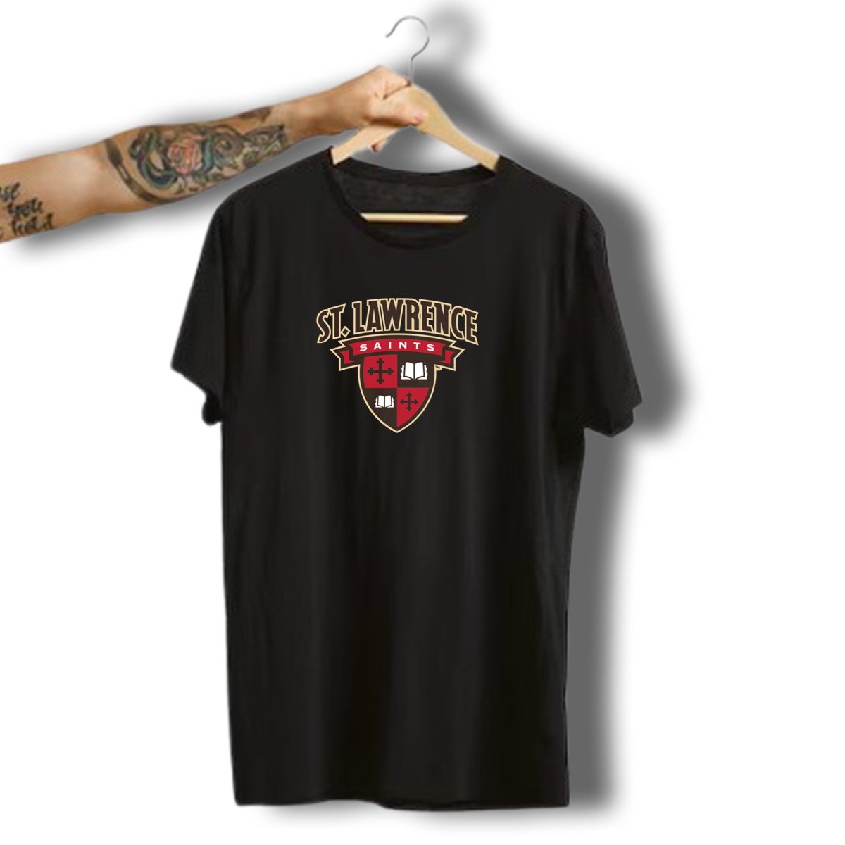 St-Lawrence-Saints-Shield-Emblem-With-Cross-And-Book-Symbols-T-Shirt-1_t-shirt-3_4