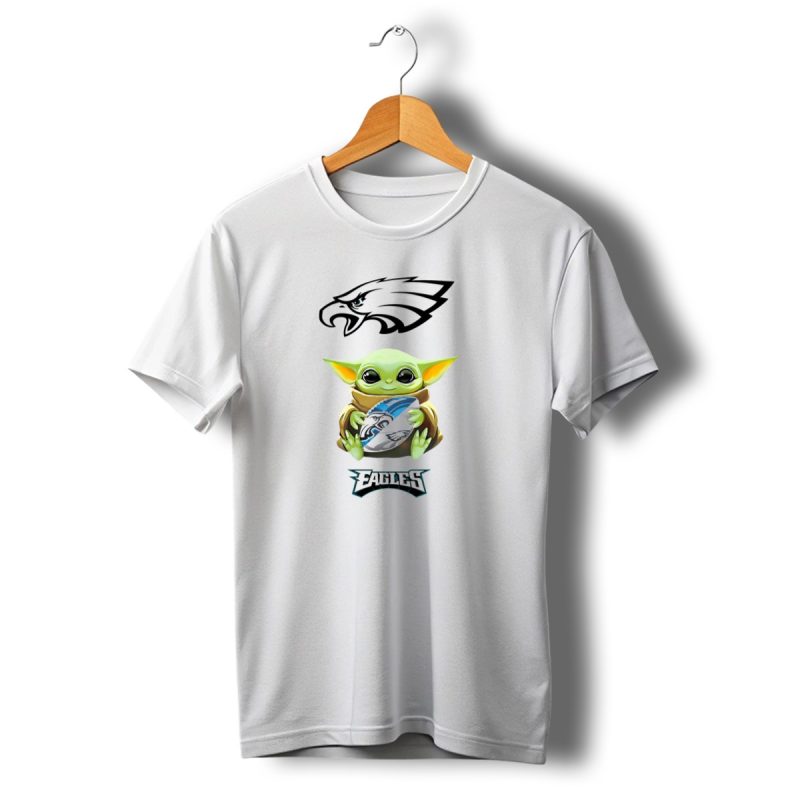 Star Wars Baby Yoda Holding Philadelphia Eagles Football Tailgate White T Shirt T Shirt 1 1