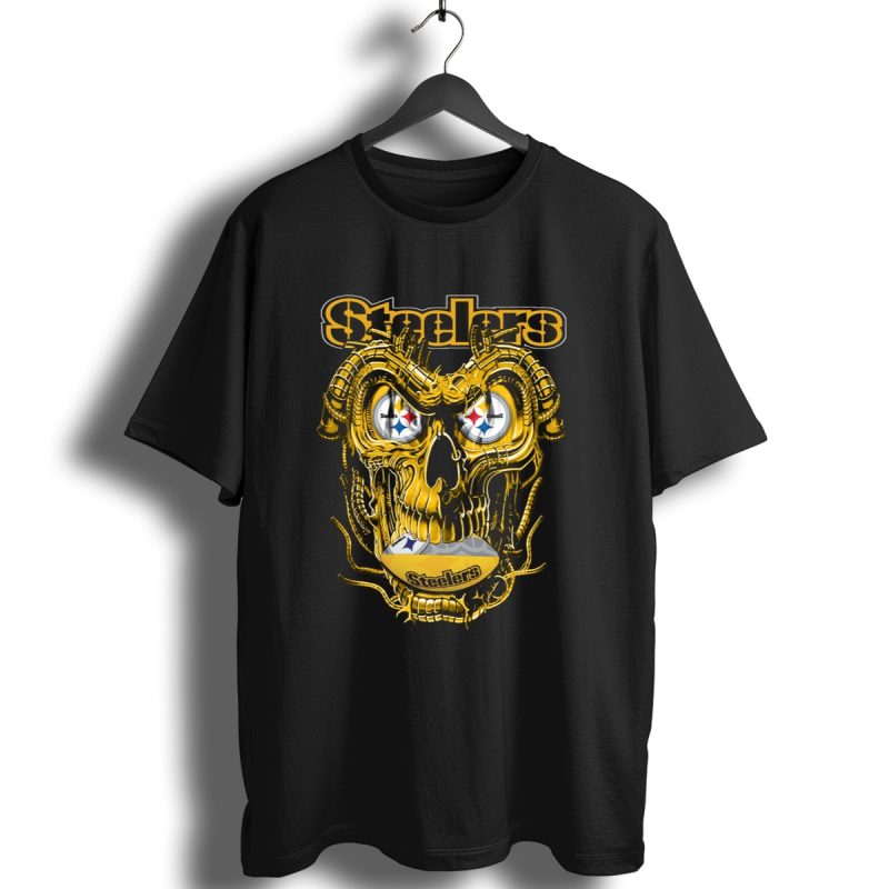 Steelers Dragonskull Yellow Mechanical Skull With Pittsburgh Steelers Logo Eyes T Shirt 1 T Shirt 1