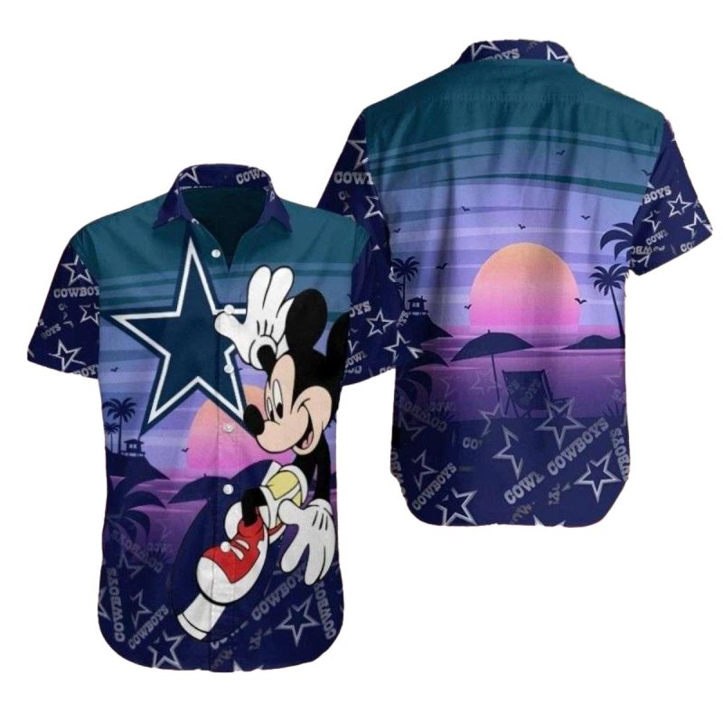 Sunset Palm Silhouette And Mickey Dallas Cowboys Hawaiian Shirt 1