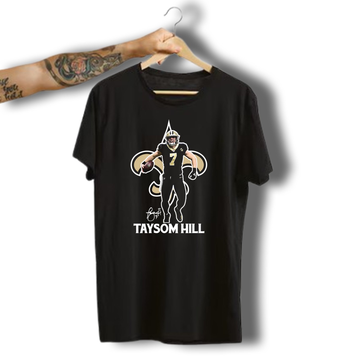 Taysom-Hill-New-Orleans-Saints-Fleur-De-Lis-Football-T-Shirt-1_t-shirt-3_4