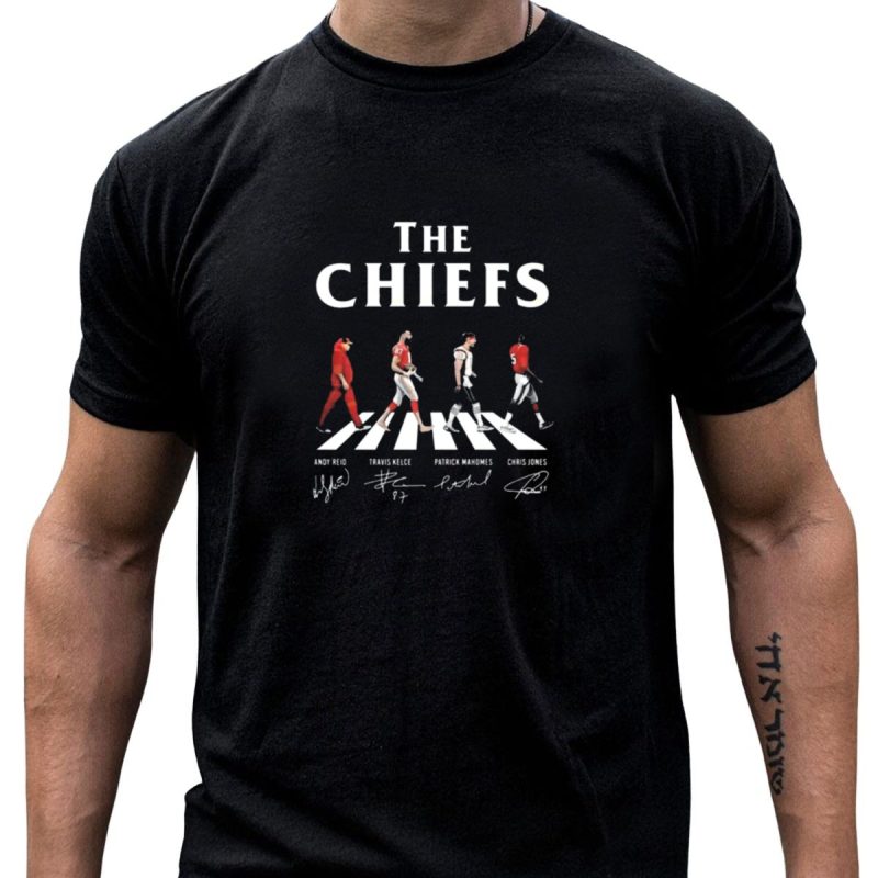 The Chiefs Andy Reid Travis Kelce Patrick Mahomes Chris Jones Walking Signatures T Shirt T Shirt 1 1