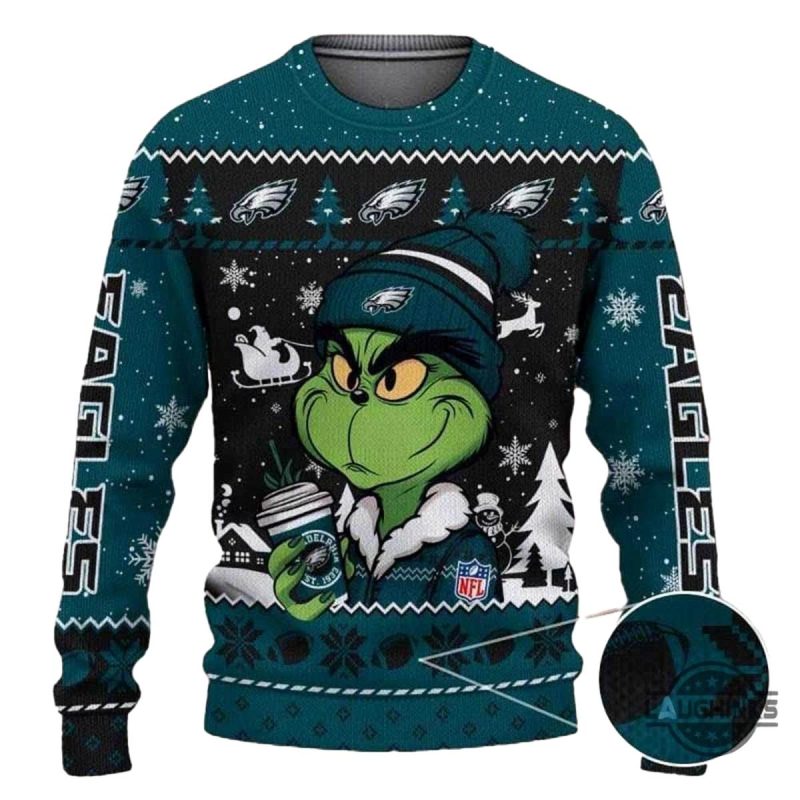 The Grinch Holding Philadelphia Eagles Coffee Ugly Christmas Sweater Laughinks 1