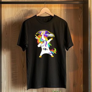 Unicorn Dabbing with Baltimore Ravens Logo and Rainbow Mane T-Shirt