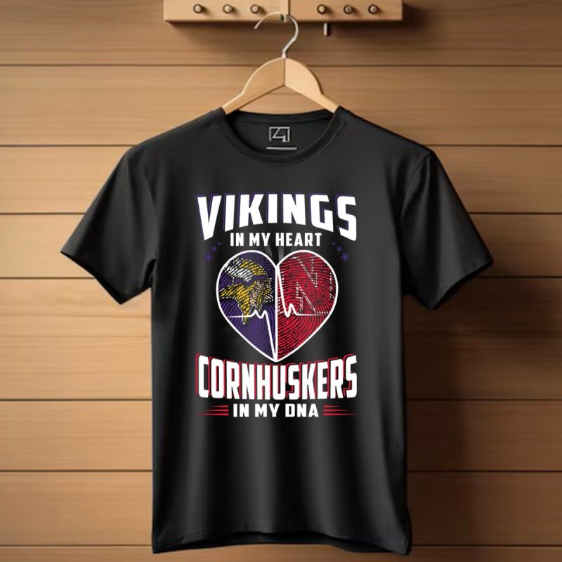 Vikings In My Heart Cornhuskers In My Dna Fingerprint Heartbeat T Shirt 1 T Shirt 1