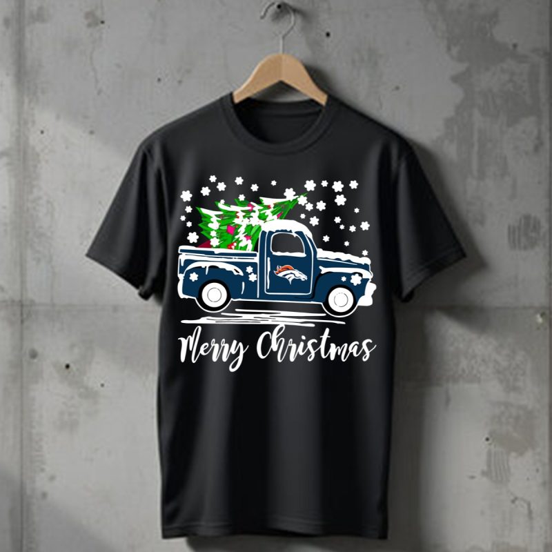 Vintage Car Carrying Christmas Tree Denver Broncos Merry Christmas T Shirt T Shirt 1
