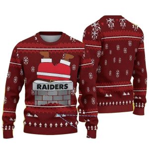 White Snowflake Patterns Featuring Santa Stuck In Chimney And Las Vegas Raiders Ugly Sweater