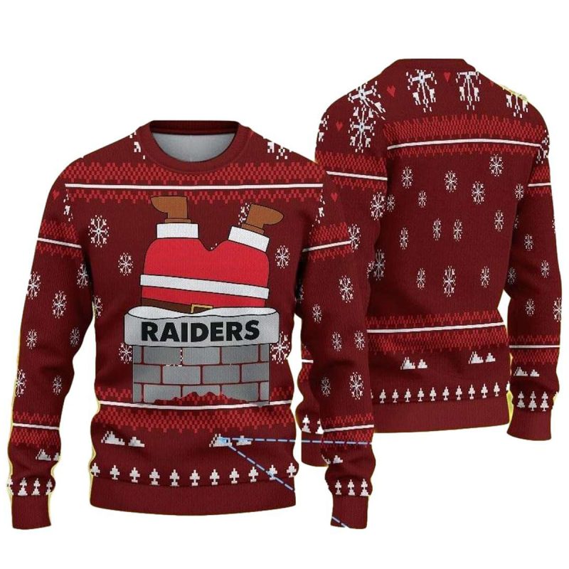 White Snowflake Patterns Featuring Santa Stuck In Chimney And Las Vegas Raiders Ugly Sweater 1
