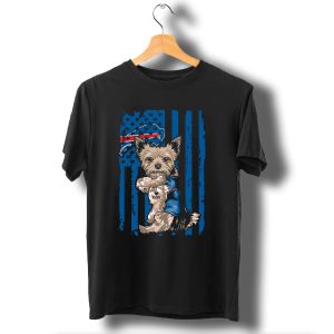 Yorkshire Terrier With I Love Mom Vest And Buffalo Bills Logo On American Flag Background T-Shirt