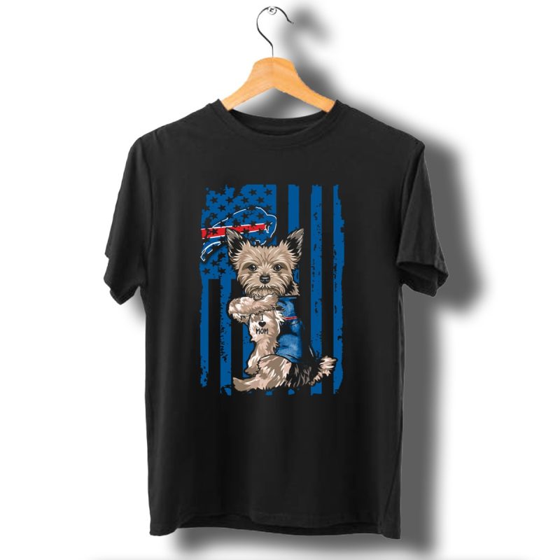 Yorkshire Terrier With I Love Mom Vest And Buffalo Bills Logo On American Flag Background T Shirt 1 T Shirt 1