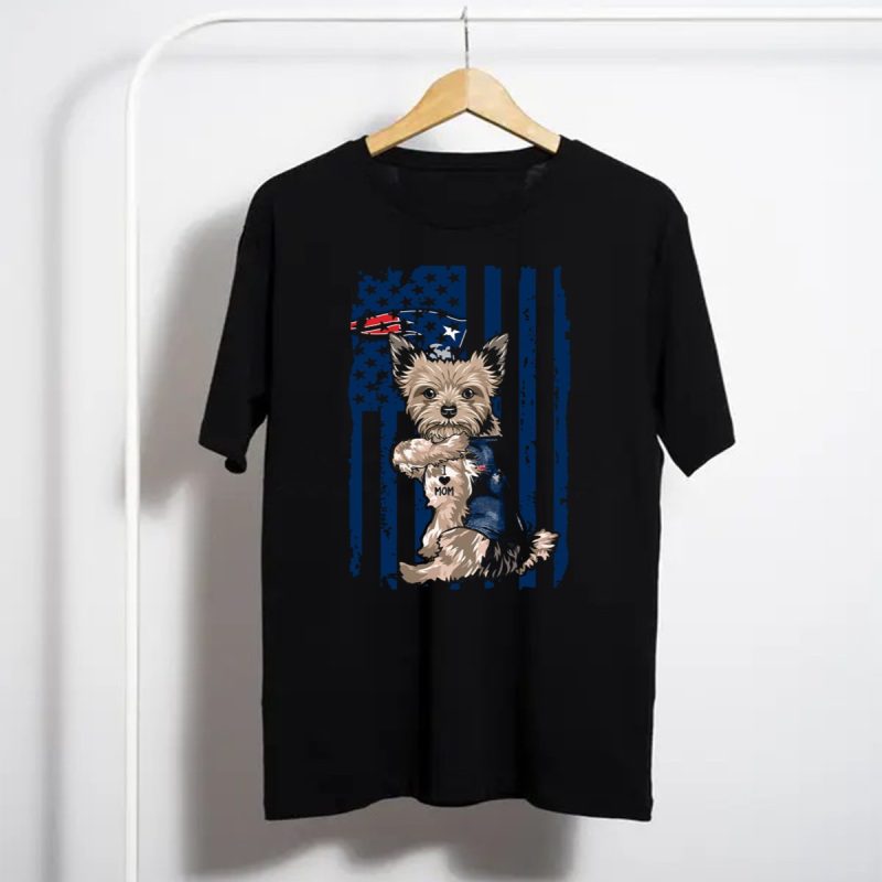 Yorkshire Terrier With I Love Mom Vest And New England Patriots Themed Background T Shirt T Shirt 1
