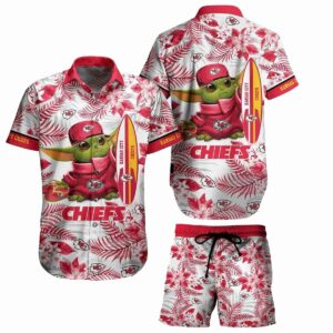 Kansas City Chiefs Baby Yoda Surfing Graphic Hawaiian Shirt - Unisex
