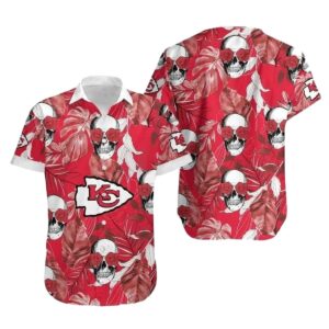 Kansas City Chiefs Graphic Hawaiian Shirt with Coconut Leaves & Skulls – Unisex Aloha Tee